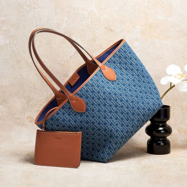 1-Brown-Blue-5 Women's Denim Letter Print Tote Bag Shopping Bag
