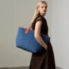 1-Brown-Blue-8 Women's Denim Letter Print Tote Bag Shopping Bag
