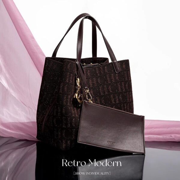 FZD002-Coffee-7 Women's Large Capacity Fly Woven Letter Print Handbag