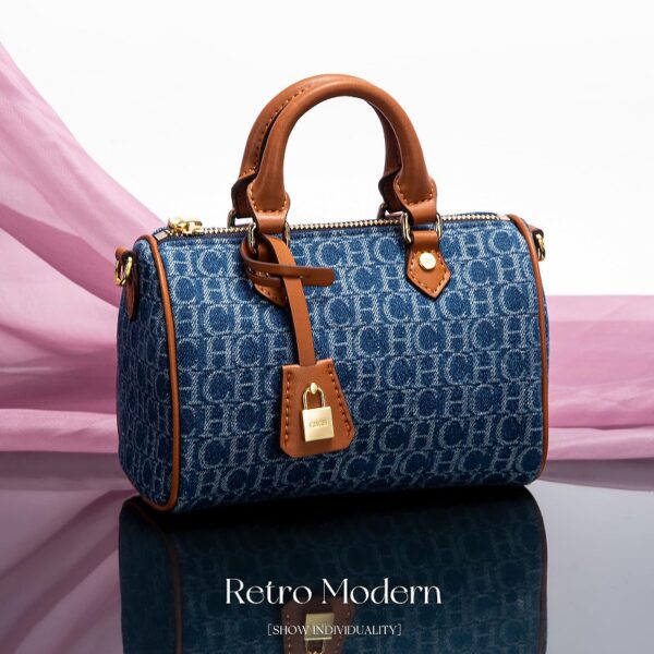 ZTB002_Brown-Blue-6 Women's Denim Letter Tote Bag Shopping Boston Bag