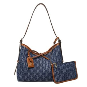 2616_DeepBlue_1 Women's Multifunctional Large Capacity Denim Letter Print Tote Bag Shopping Bag